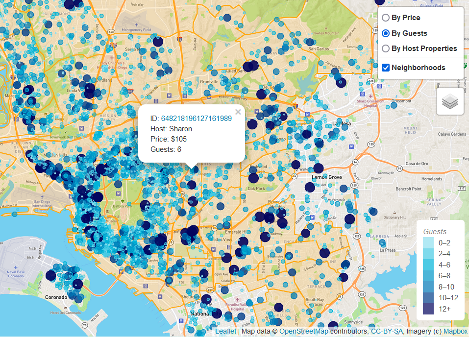 a map of San Diego, with circles marking AirBNB locations